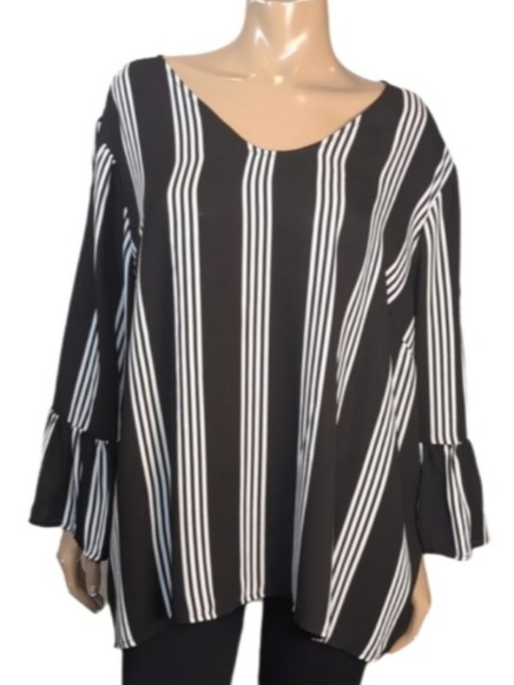 💠 Como Black Striped Blouse Womens Plus Size 3X Flared Bell Long Sleeve Top